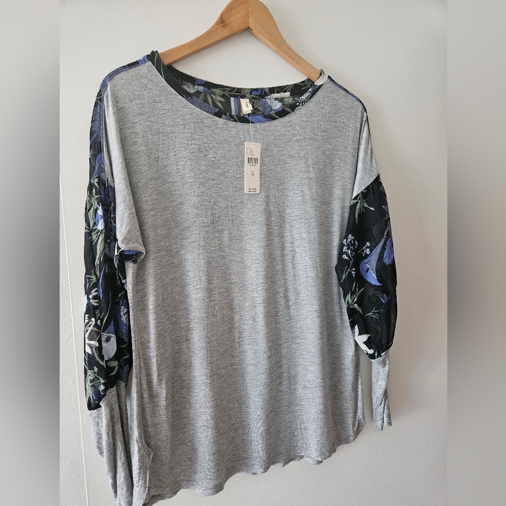 Anthropologie Top TINY Medium RAYE PRINTED Floral Heathered Grey Juliet Slv NWT